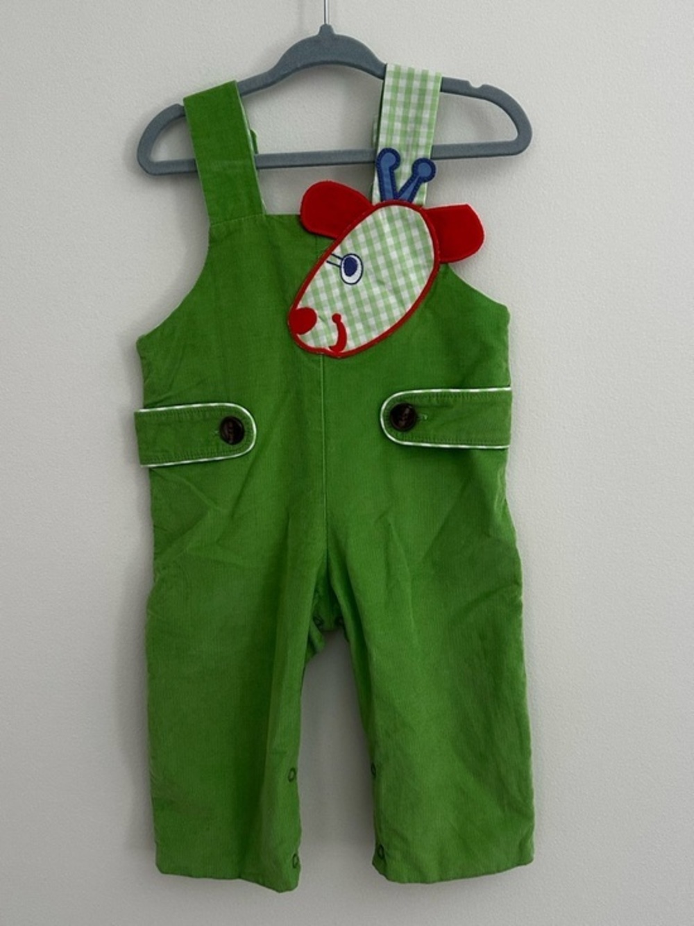 TBBC boys corduroy green longall with Gingham giraffe Appliqué Kids Overalls